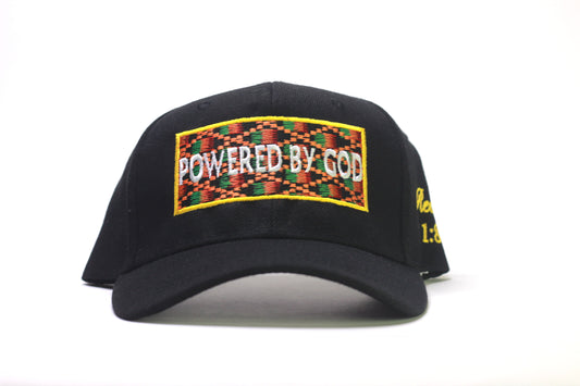Black "POWERED BY GOD" Classic Cap with Kente Embroidery