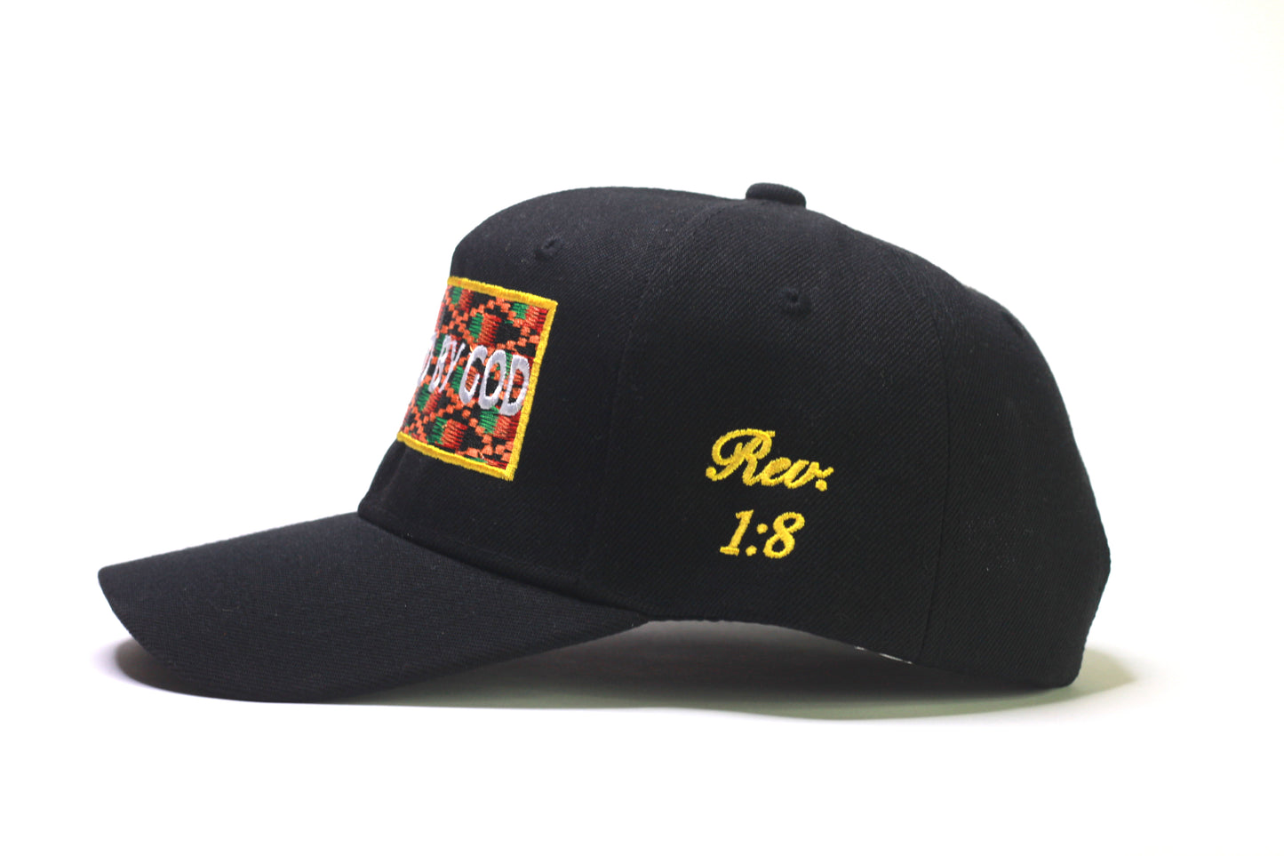 Black "POWERED BY GOD" Classic Cap with Kente Embroidery