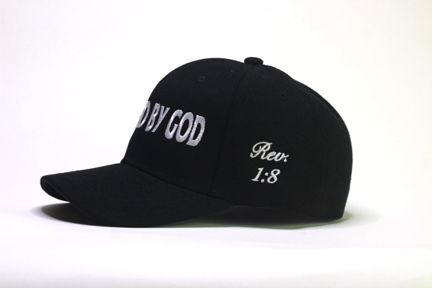 Black "POWERED BY GOD" Classic Cap with White Embroidery