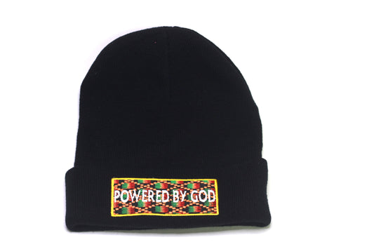Black "POWERED BY GOD" Beanie with Kente Embroidery