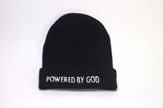 Black "Powered BY GOD" Beanie with White Embroidery