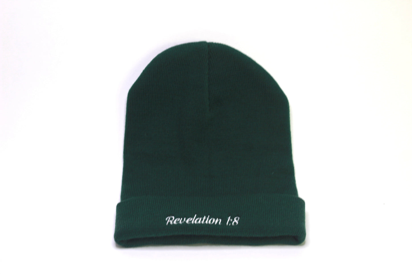 Forest Green "POWERED BY GOD" Beanie with White Embroidery