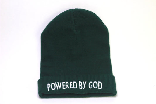 Forest Green "POWERED BY GOD" Beanie with White Embroidery