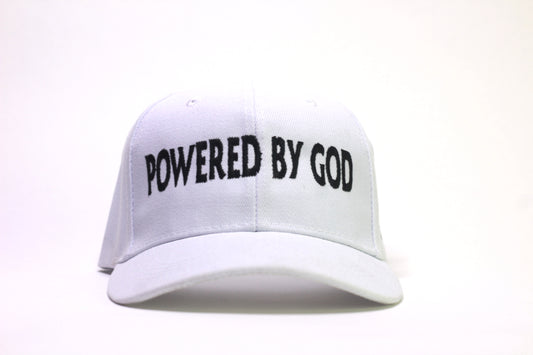 White "POWERED BY GOD" Classic Cap with Black Embroidery