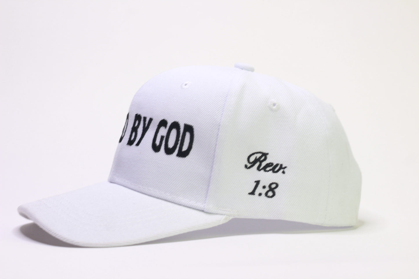 White "POWERED BY GOD" Classic Cap with Black Embroidery