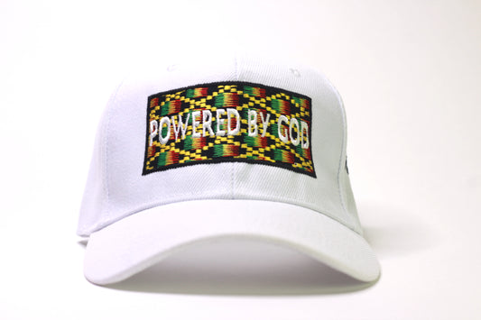 White "POWERED BY GOD" Classic Cap with Kente Embroidery