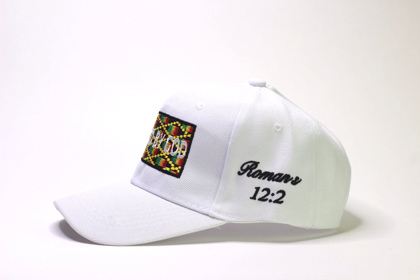 White "POWERED BY GOD" Classic Cap with Kente Embroidery