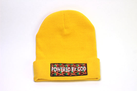 Yellow "POWERED BY GOD" Beanie with Kente Embroidery